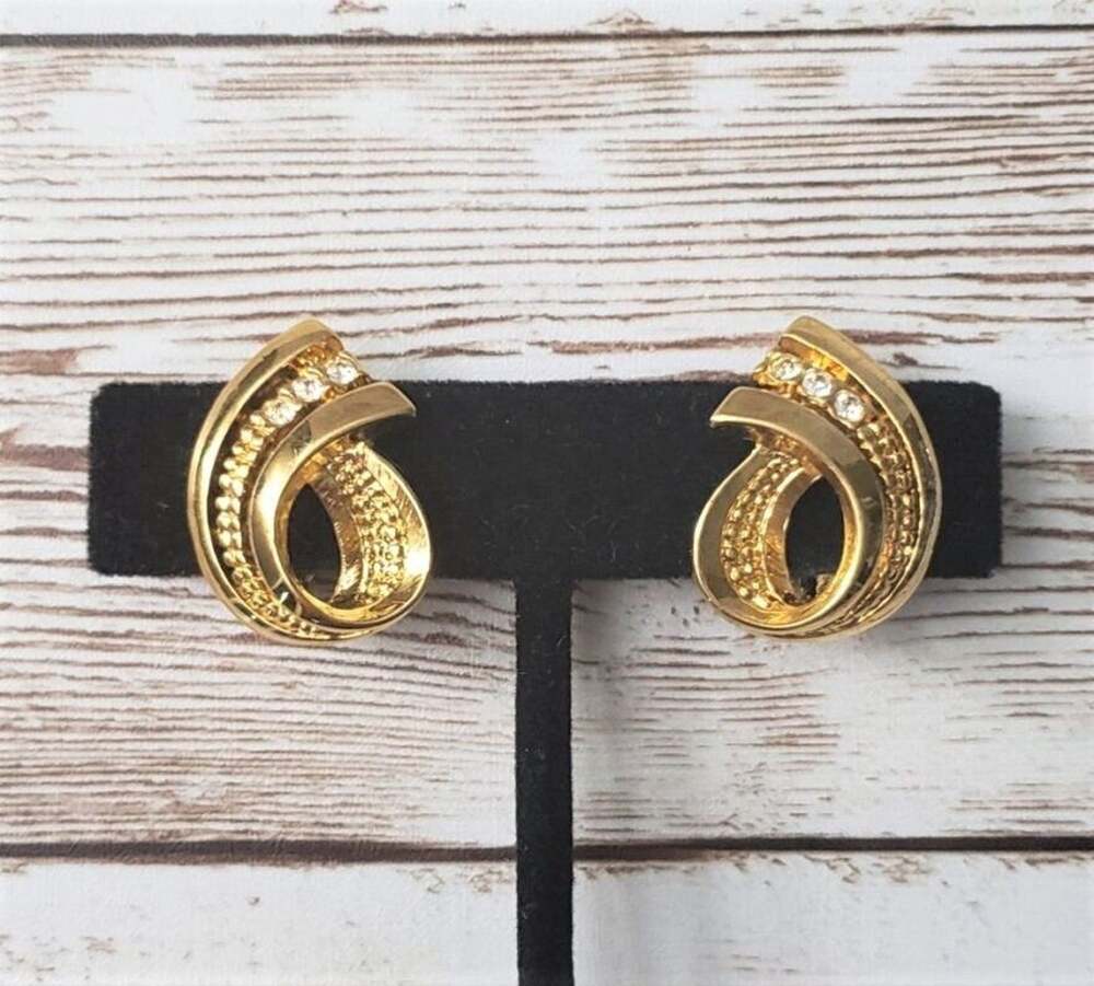 Vintage Avon Clip On Earrings - Gold Tone with 3 Clear Gems